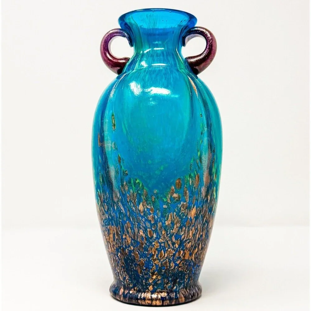 Dale Tiffany Vase Art Glass Teal Blue and Copper Applied Handles 9.5